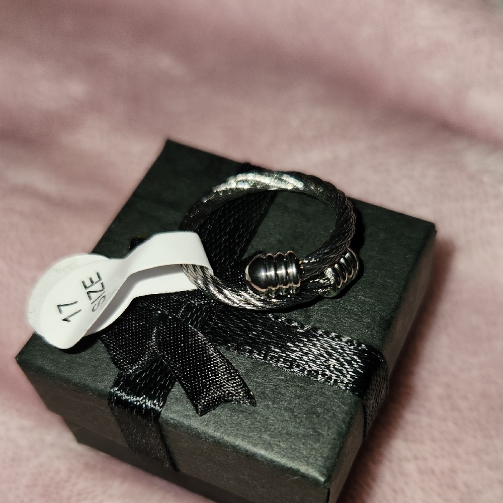 Women's Twisted Wire Silver and Black Ring - Size 7 Stainless Steel